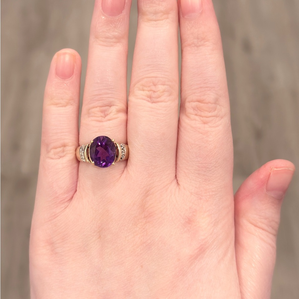 Vintage 10K Amethyst Ring: Diamond Accent Oval Solitaire Open Setting Size 6.75 - Picture 15 of 16
